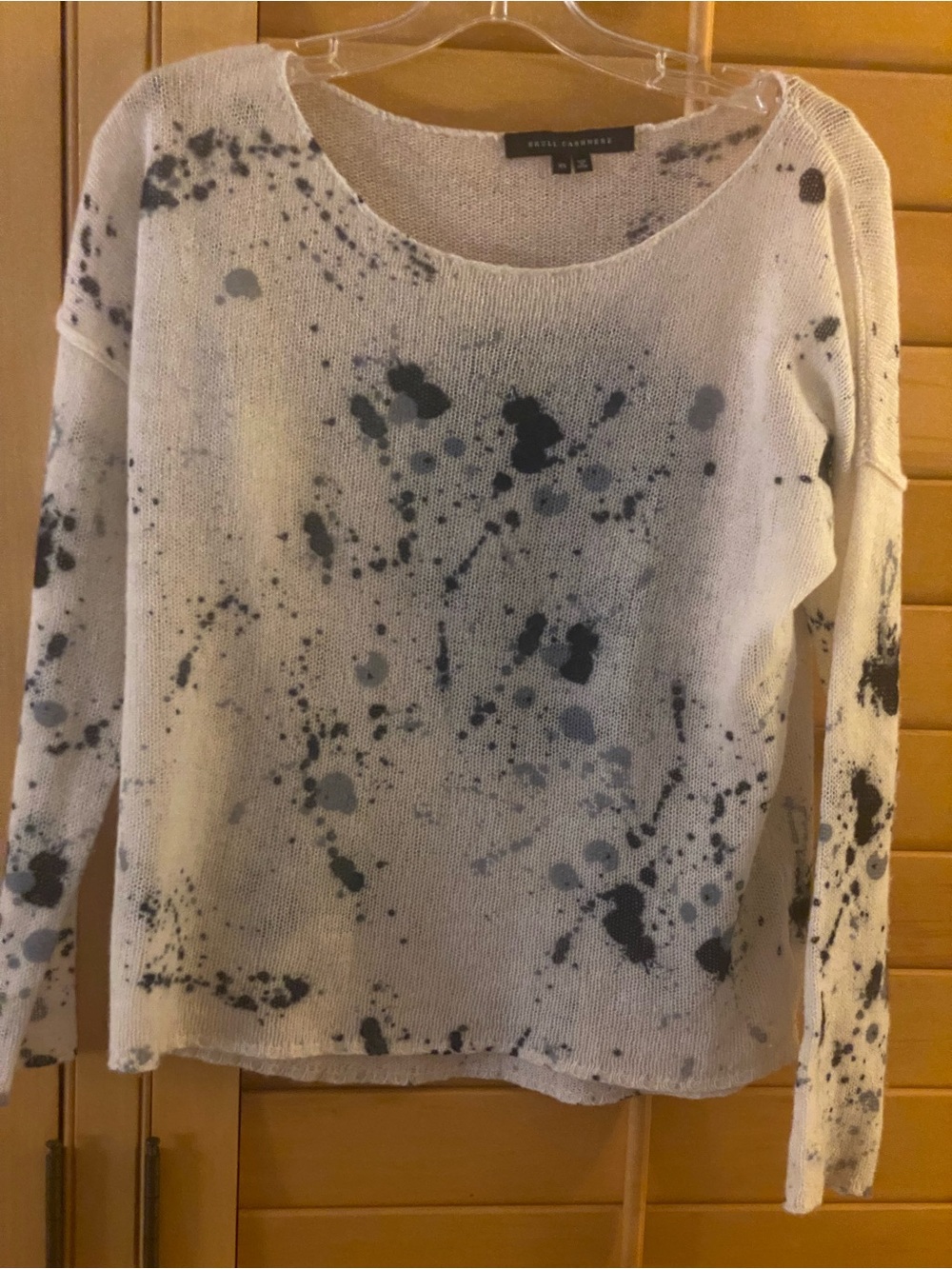 Skull Cashmere Paint Splatter Back Graphic Knit Pullover Sweater Cream White XS